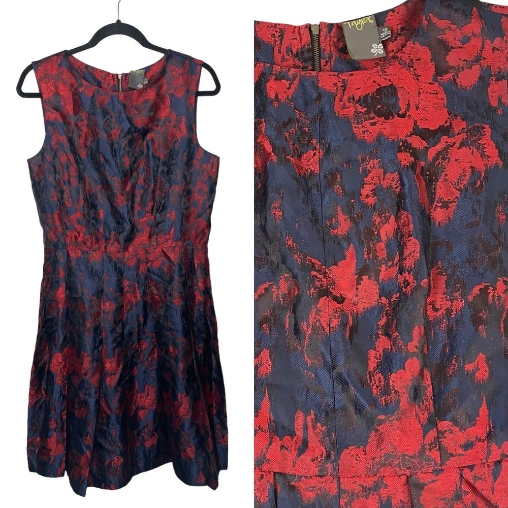 Taylor Blue Red Floral‎ Jacquard Mini Dress Fit & Flare Sz 10